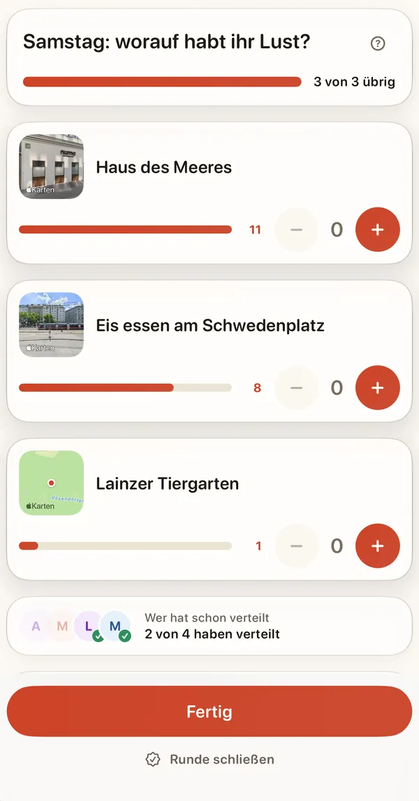 Weekend Pilot App: „Unser Wochenende“ — die Familie verteilt Punkte auf Haus des Meeres, Eis essen am Schwedenplatz und Lainzer Tiergarten