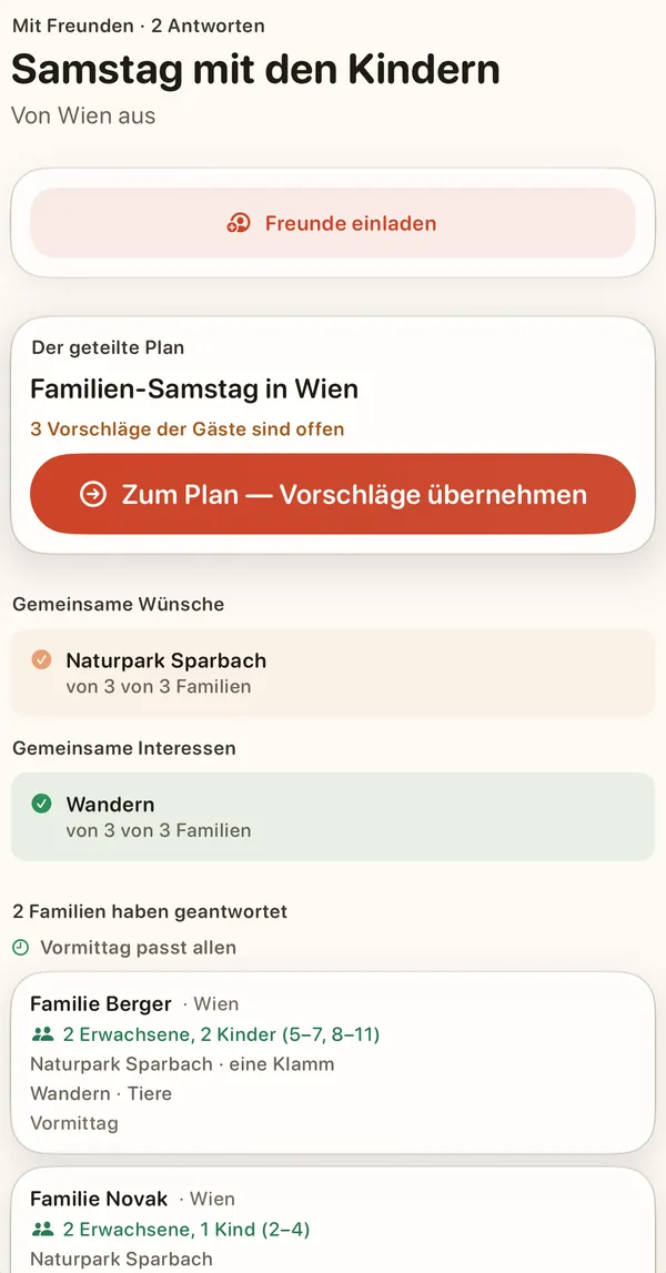Weekend Pilot App: Plan mit Freunden — zwei Familien haben geantwortet, gemeinsamer Wunsch Naturpark Sparbach, der Vormittag passt allen