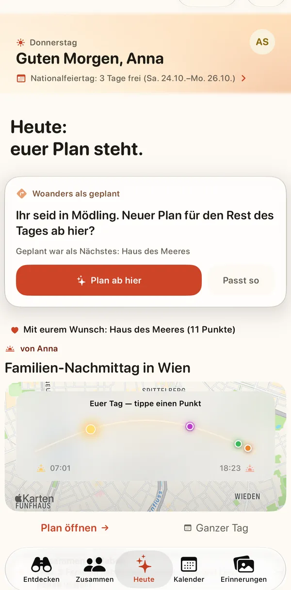 Weekend Pilot App: „Woanders gelandet?“ — ein neuer Plan für den Rest des Tages ab dem Ort, an dem ihr gerade seid