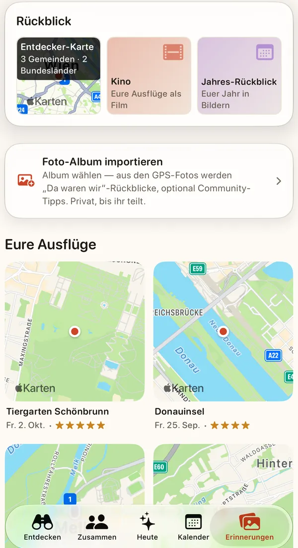 Weekend Pilot App: Erinnerungen — Entdecker-Karte, Kino und Jahres-Rückblick, darunter die Ausflüge der Familie