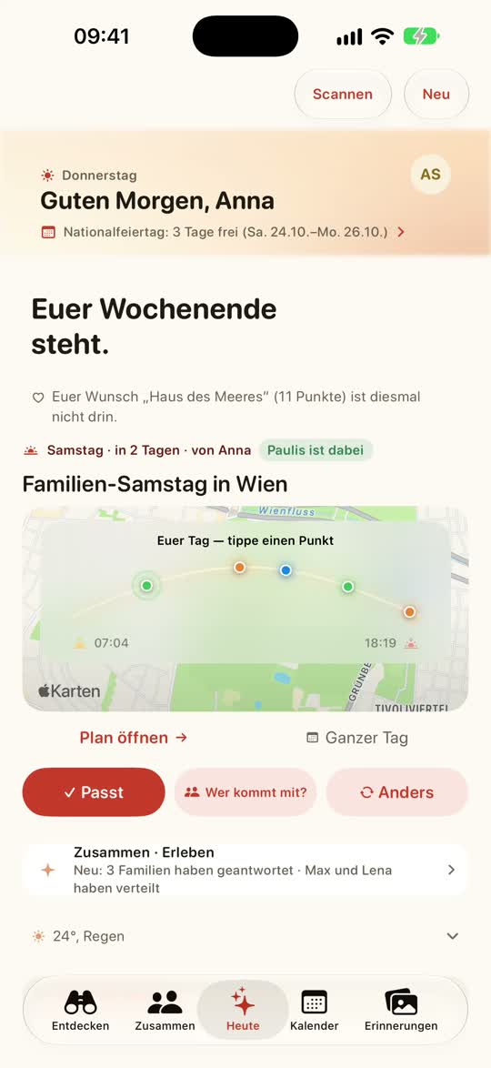 Weekend Pilot App im Video: der Plan entsteht, der Tag auf der Karte, die Familie stimmt mit Punkten ab