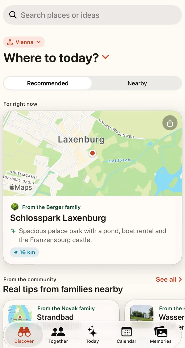 Weekend Pilot app: Discover — verified places nearby with the reason they fit right now, plus tips from other families