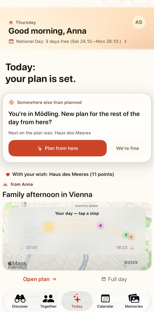 Weekend Pilot app: “Somewhere else?” — a new plan for the rest of the day from wherever you are