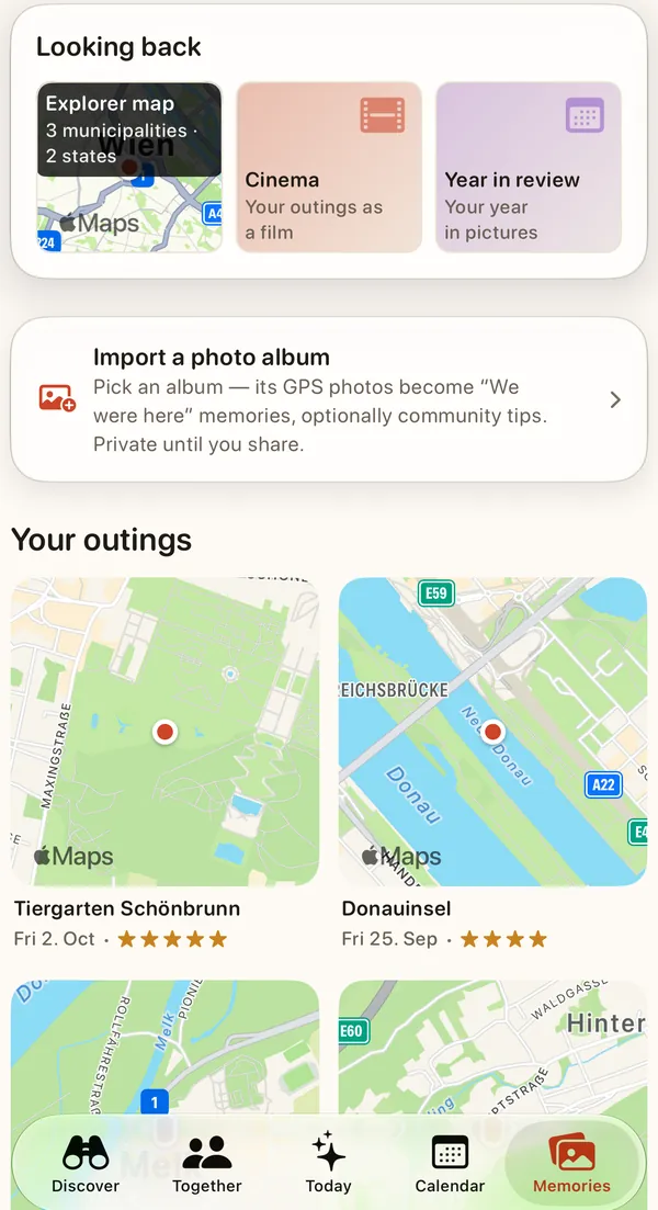 Weekend Pilot app: Memories — explorer map, cinema and year in review, with the family’s outings below
