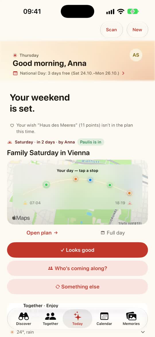 Weekend Pilot app on video: the plan comes together, the day on the map, the family votes with points