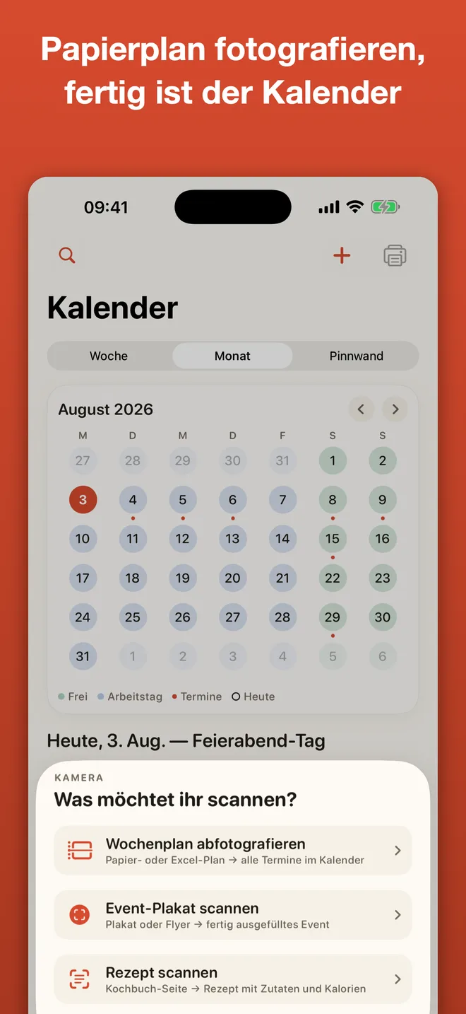 Weekend Pilot App: Kalender-Monatsansicht und die Auswahl „Was möchtet ihr scannen?“ mit „Wochenplan abfotografieren“